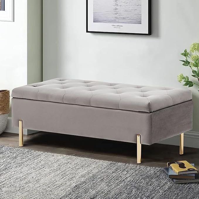 45.6 Inch Velvet Storage Bench, Tufted Upholstered Ottoman with Storage, Bedroom Living Room Entryway Rectangular Accent Bench, Grey-PurrikoPets