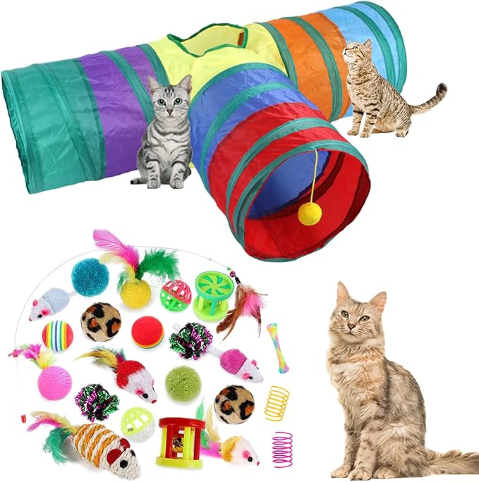 32Pcs Cat Toys Kitten Interactive Pet Toys Assortments, Foldable Rainbow Tunnel, Teaser Wand Fluffy Mouse Crinkle Balls Bell Play for Puppy Kitty (3 way)-PurrikoPets