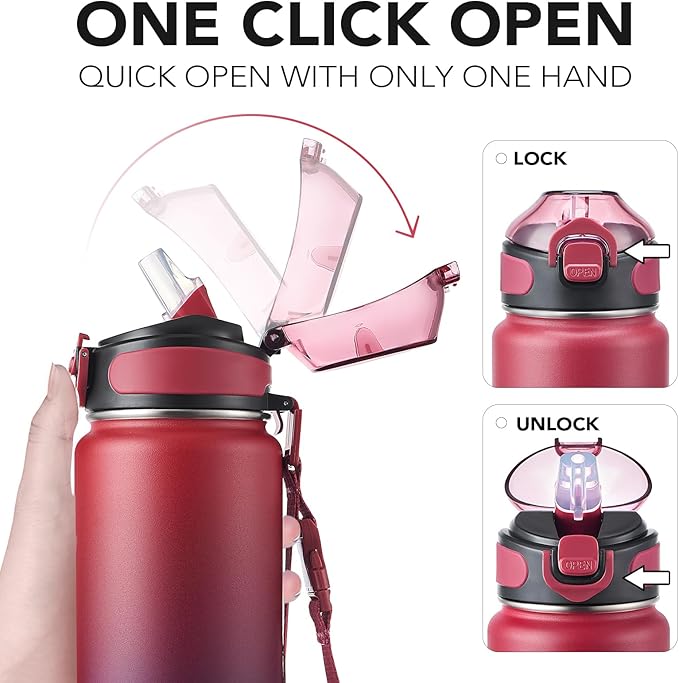 Enerbone 32 oz Insulated Water Bottle, Stainless Steel Bottle with Carrying Strap, Double-Wall Vacuum Insulation Design, Leakproof Sports Bottle with Straw, Keep Drinks Cold or Hot for Hours-PurrikoPets