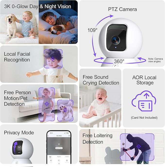 5G Security Camera Indoor 2-Pack, No-Monthly-Fee AI Tracking Facial Recognition, 3K Pet/Dog Camera with Speaker/Phone App, PTZ WiFi Baby Monitor Cameras for Home Security, 0-Glow Night Vision-PurrikoPets