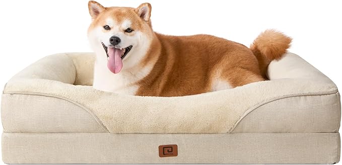EHEYCIGA Memory Foam Dog Bed for Large Sized, Orthopedic Dog Sofa with Sides and Waterproof Liner, Washable Bolster Pet Bed Couch with Removable Cover, 36x27x7 Inch, Beige-PurrikoPets