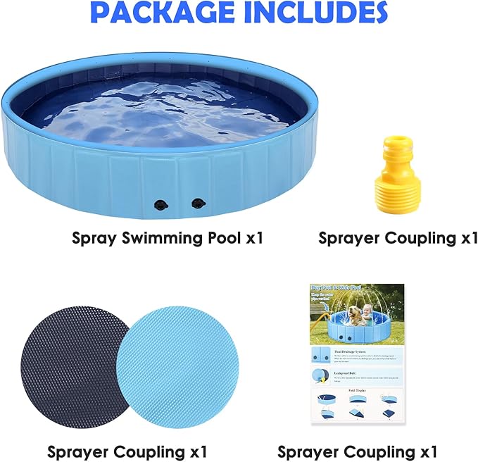 87" Large Dog Pool with Sprinkler, 2-in-1 Foldable Swimming Pool Non-Slip Hard Plastic Splash Sprinkler Kiddie Pool for Outdoor Backyard Kids Dogs Ducks and Pet Baths-PurrikoPets