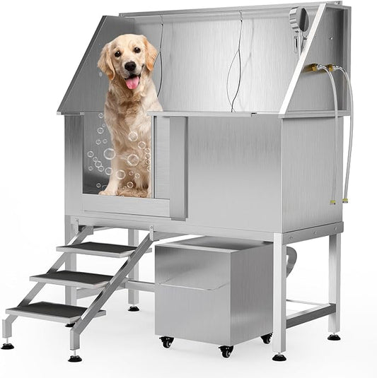 50" Stainless Steel Professional Dog Washing Station - Pet Bathing Tub w/Non-Slip Stairs & Storage Shelf | Slip-Resistant Floor Grate | for Large/Medium/Small Dogs-PurrikoPets
