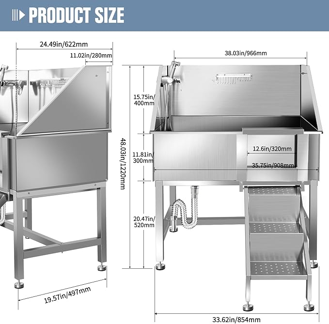 38"" Pet Dog Bathing Station W/Ramp, Professional Stainless Steel Dog Grooming Tub W/Soap Box, Faucet,Rich Accessory, Dog Bathtub for Large,Medium,Small Pets, Washing Sink for Home,R-RAMP-PurrikoPets