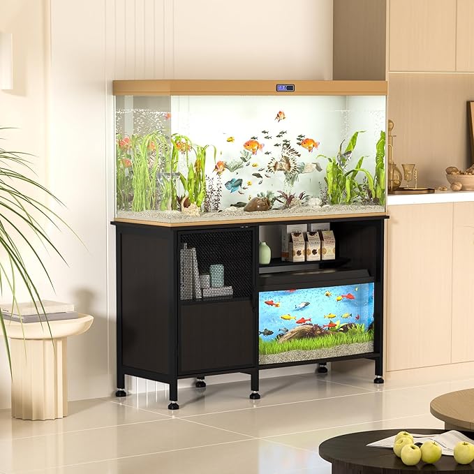 Fish Tank Stand, Modern Aquarium Stand with Built-in Cabinet and Shelves - Sleek Black Iron and Wood Grain Design for Stylish Home Décor（ 51.97" x W 19.69" x H 31.5"） Black-PurrikoPets