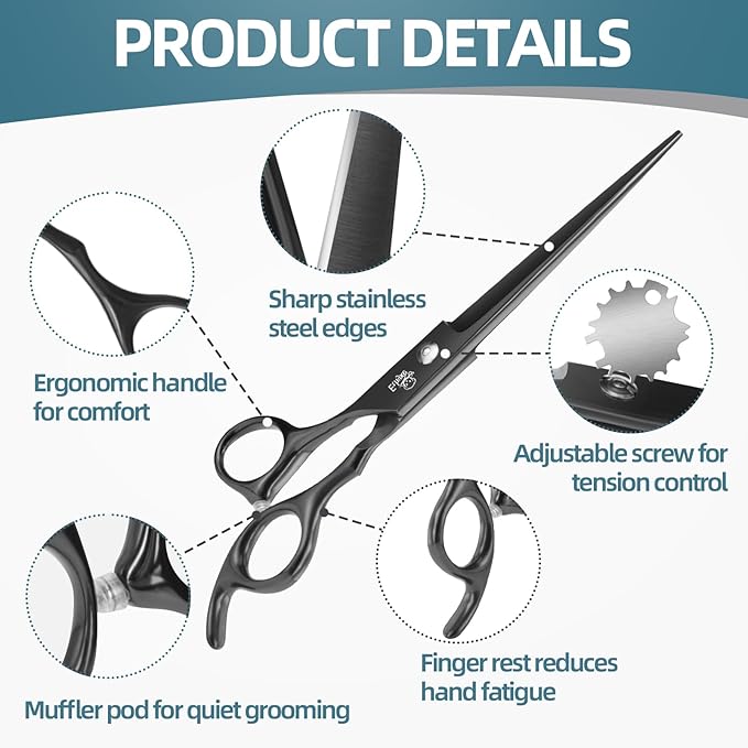 7.0" Professional Dog Grooming Scissors Kit – 3-Piece Set with Straight, Curved & Thinning Shears, Black Japanese Stainless Steel, Includes Grooming Comb for Dogs & Cats-PurrikoPets