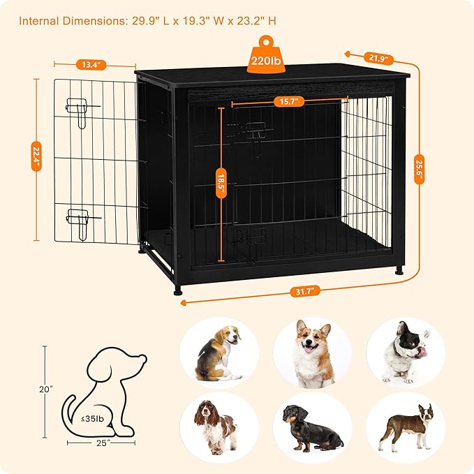 DWANTON Dog Crate Furniture with Cushion, Wooden Kennel Table with Double Doors, Indoor Dog House, Medium Size, 32.5" L, Black-PurrikoPets