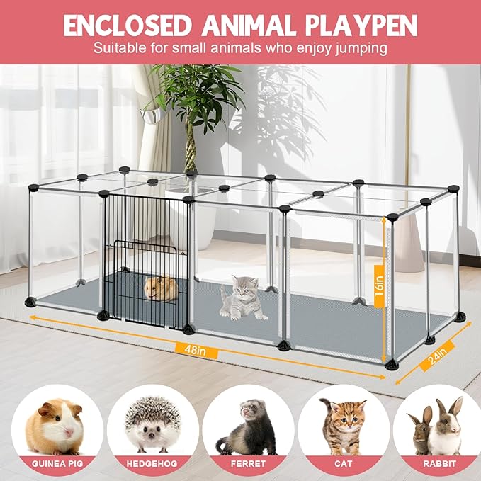 20 Panels Small Animals Playpen, 48" x 24" x 16" Transparent Pet Playpen with Waterproof Mat,Portable Plastic Enclosure Cage for Chicken/Guinea Pigs/Bunny/Ferrets/Hamsters/Hedgehogs Indoors Outdoor-PurrikoPets
