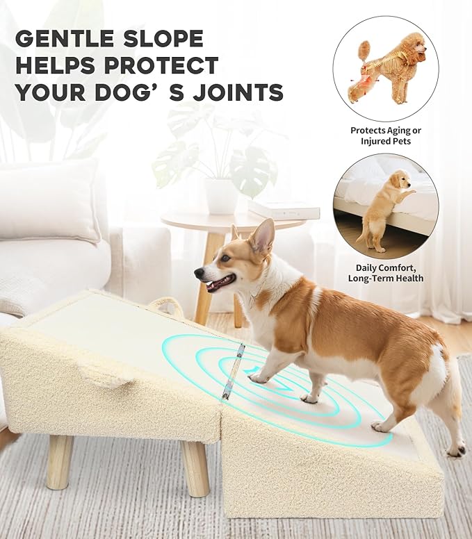 Dog Stairs for Small Dogs and Cats – 2-in-1 Dog Ramp for Bed and Couch, 16.5'' Foldable Wooden Pet Steps, Sturdy Multi-Use Split Ottoman Design, Beige-PurrikoPets