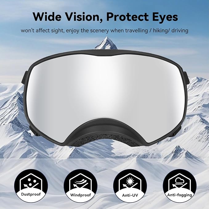 Dog Sunglasses UV Protection Clear Dog Goggles Windproof Glasses with Elastic Straps for Medium-Large Breed, Black Frame + Silver Lens-PurrikoPets