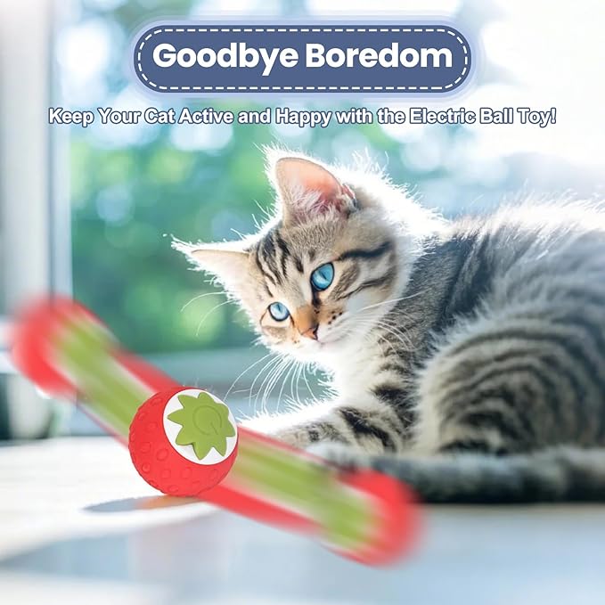 2Pcs Self-Moving Electric Cat Toy Ball with LED - Automatic Interactive Cat Toys for Indoor Cats, Smart Strawberry Design Stimulates Hunting Instincts, Boredom Relief & Exercise for Solo Play-PurrikoPets