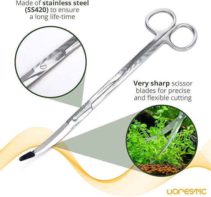 2PCS 15" Curved Aquarium Tweezers Long and 9.8" Aquarium Scissors, Feeding Tongs and Scissors with Protective Cap, Stainless Steel Aquascaping Tools for Plant Trimming and Reptile Feeding-PurrikoPets