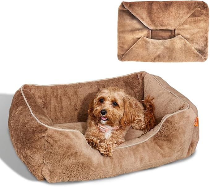 FUZI Luxury Dog Bed with Extra Cover for Small Dogs, Washable Pet Couch, Pet Bed with Sides, Non-Slip Bottom, Soft & Durable Calming Dog Bed, Faux Rabbit Fur, Small 25.1x16.75x9.5 Light Brown-PurrikoPets