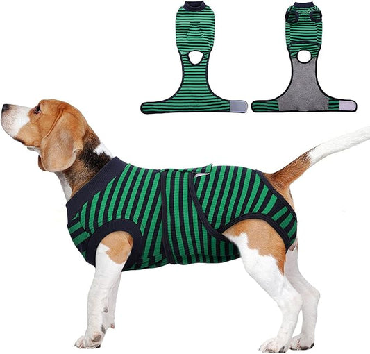 FUAMEY Recovery Suit for Dogs After Surgery,Soft Breathable Dog Bodysuit E-Collar & Cone Alternative Surgical Suit,Male Female Dog Neuter Spay Suits Anti Licking Wounds Onesie Green Black Stripes XXL-PurrikoPets