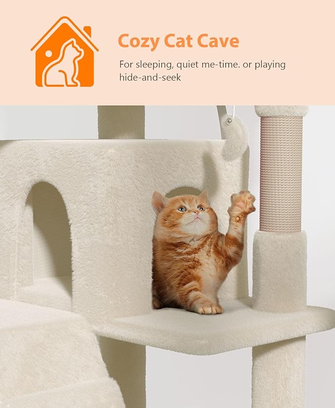 60'' Cat Tree Tower for Indoor Cats Large Adult,Cute/Tall Modern Cat Tree for Big Cats 20 lbs, Plush Multi-Level Cat Condo with Scratching Posts, Dangling Ball Indoor (Beige, 60 inch)-PurrikoPets