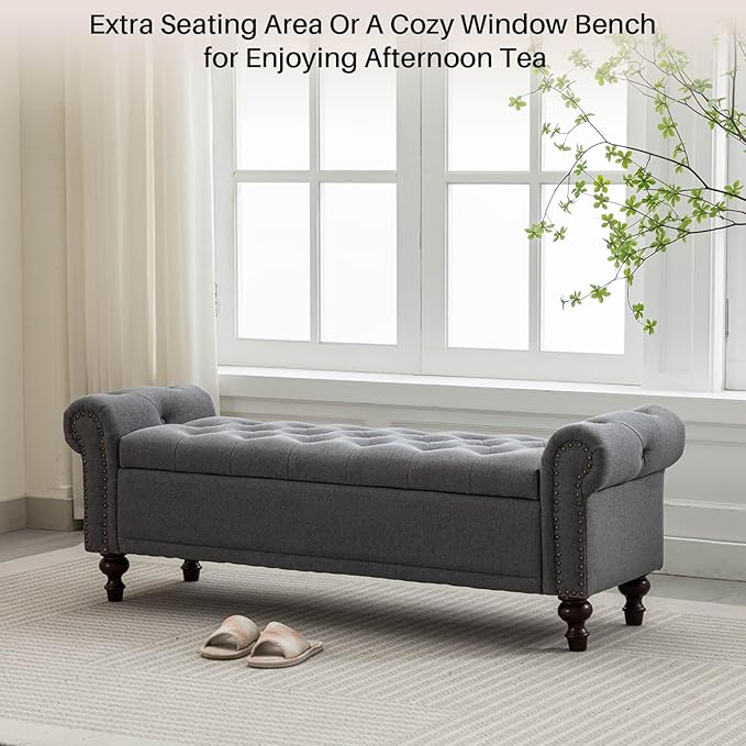 58.1'' Storage Bench Upholstered Linen End of Bedroom Bed Bench Ottoman with Tufted Cushioned Rolled Arm Large Storage Space for Reading Living Room Entryway, Grey-PurrikoPets
