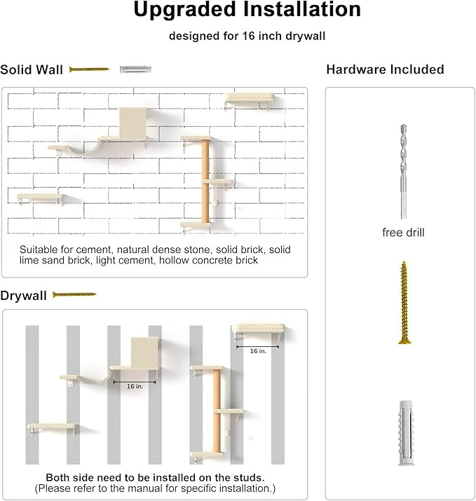 FUKUMARU Cat Wall Shelves, Stable & Safe 4 in 1 Large Cat Walls Furniture Set, Wooden Kitten Climbing Wall with Scratching Post for 16 Inch Drywall - Beige-PurrikoPets