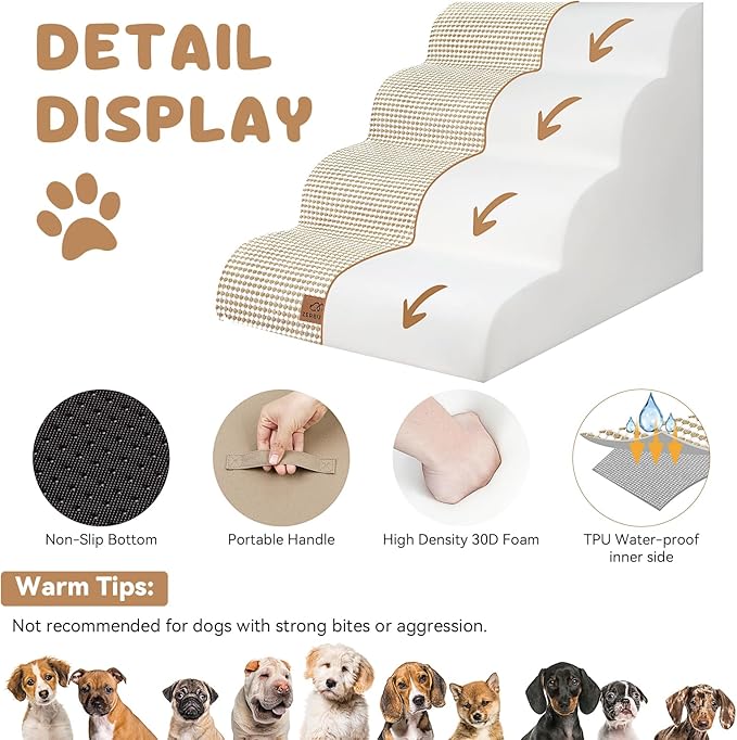 Dog Ramp and Stair for Bed 16" H-20 H,3-Step Cat Stair for Sofa and Chair,4-Step Dog Ramp for High Bed and Window,Durable Nonslip Fabric Cover for Indoor (Beige-20 H, Pet Friendly, 4)-PurrikoPets
