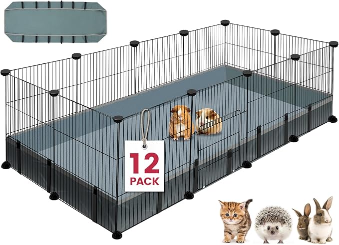 12 Panels Small Animal Playpen,Pet Playpen with Waterproof Mat,C&C Cage for Guinea Pigs,Puppy Play Pen,Bunny Playpen,Indoor Outdoor Portable Metal Wire Yard Fence-PurrikoPets
