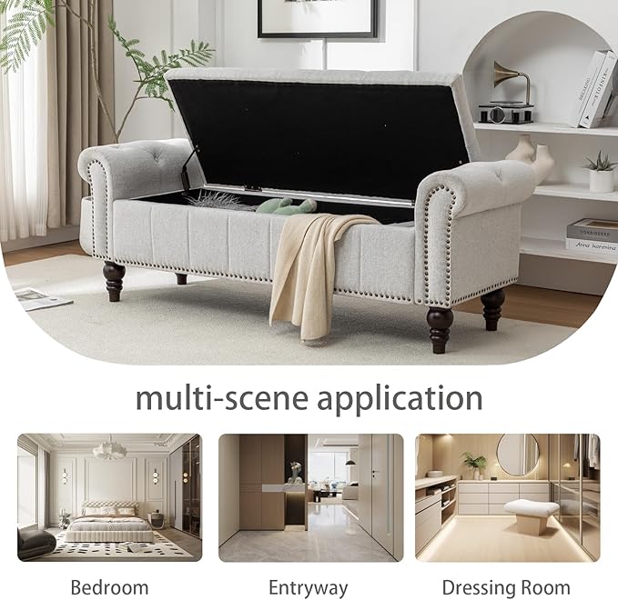 58’’ Storage Bench for Bedroom, Upholstered Button-Tufted Ottoman with Solid Wood Legs, Queen Size End of Bed Shoe Cabinet, Window Seat Foot Rest Stool for Entryway, Living Room (Silver)-PurrikoPets