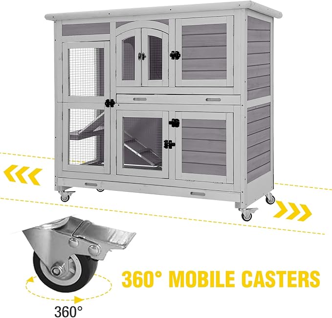 Aivituvin Rabbit Hutch Indoor, Bunny Cage with Wheels, 2-Story Design, 2 Deep Trays, Anti Slip Ramp, Ideal for Small Animals - Grey-PurrikoPets