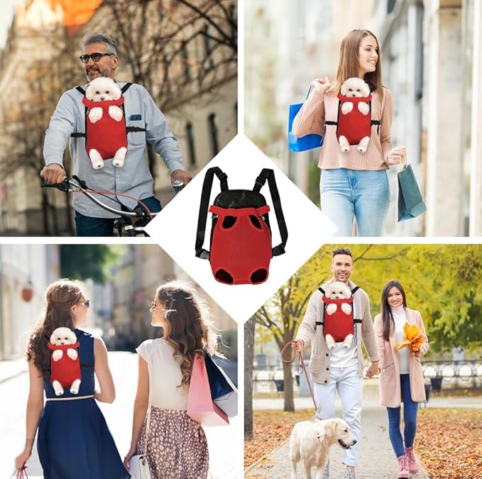 FEimaX Dog Carrier Backpack Pet Legs Out Front Cat Travel Bag, Adjustable Puppy Backpacks Carriers Hands-Free for Small Medium Dogs Cats Hiking Traveling Camping Daily Walking (Medium, Red)-PurrikoPets