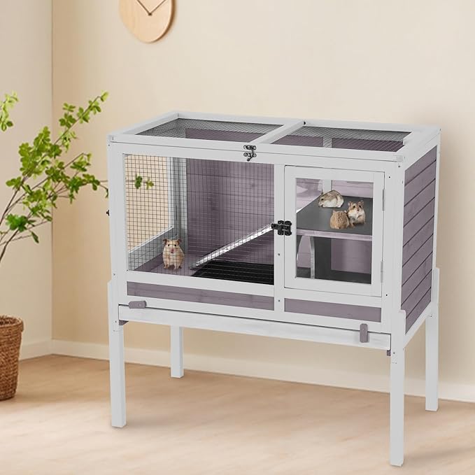 AIVITUVIN Wooden Guinea Pig Cage Indoor with Cooling Plate and Anti-Chewing Edges Two-Story Rabbit Hutch Pull Out Tray Outdoor Rabbit Cage with Raised Stand and Wire Mesh Small Animals Cage (Grey)-PurrikoPets