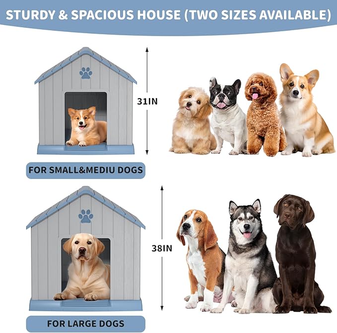 DRATO Dog House Indoor Outdoor for Small to Large Sized Dogs Indoor Outdoor Doghouse Puppy Shelter with Elevated Floor, Easy to Assemble (Blue, 31Inch(31.18 * 33.7 * 32.52))-PurrikoPets