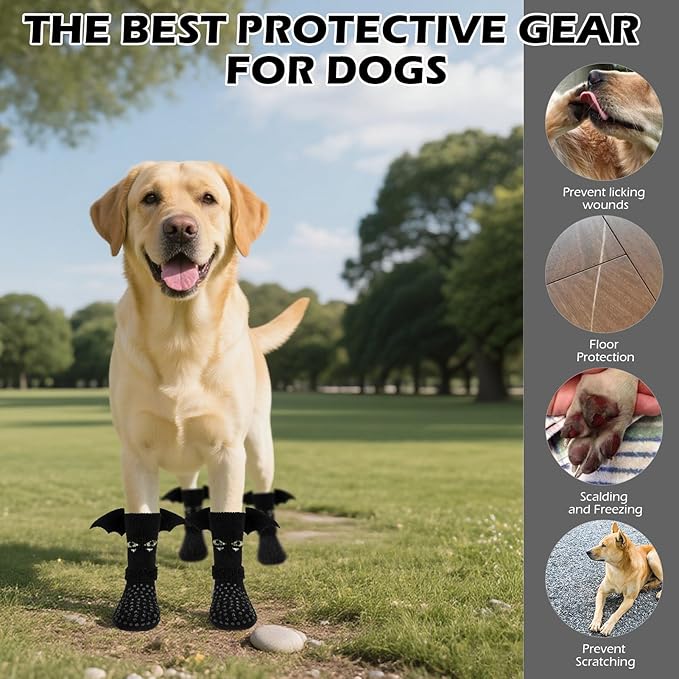 EXPAWLORER Halloween Anti Slip Dog Socks to Prevent Licking Paws, Boots & Paw Protectors with Grippers,Doggie Booties for Hardwood Floors for Small Medium Large Senior Dogs Costume Black Devil Wings M-PurrikoPets