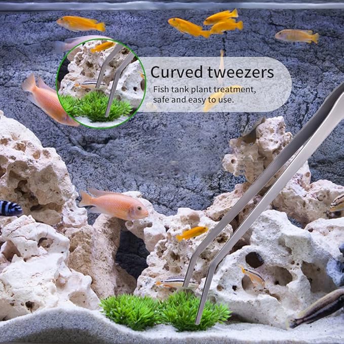 Extra Long Handle Aquarium Tweezers Serving Tongs Feed clamp,2 Pack Stainless Steel Straight and Curved Tweezers Set for Fish Tank Plants Reptile Feeding Tongs（15 Inchs）-PurrikoPets