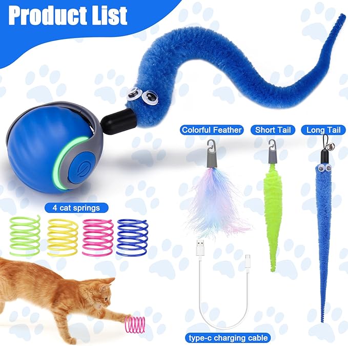 AIERSA Interactive Cat Toys for Indoor Adult Cats, Automatic Self-Play Cat Ball Toy for Kitten to Keep Them Busy, Electric Speed Tail Moving Cat Toy with 3 Tails and 4 Springs (Blue)-PurrikoPets