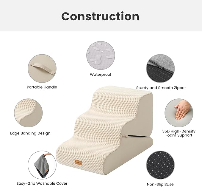 Gardner Pet Dog Stairs for Small Dogs 16.5" H, 2 in 1 Transformable 3-Step Pet Stairs and Dog Ramp for Couch (13-20 in), Beige Adjustable Pet Steps with Non-Slip Waterproof Cover and CertiPUR-US Foam-PurrikoPets