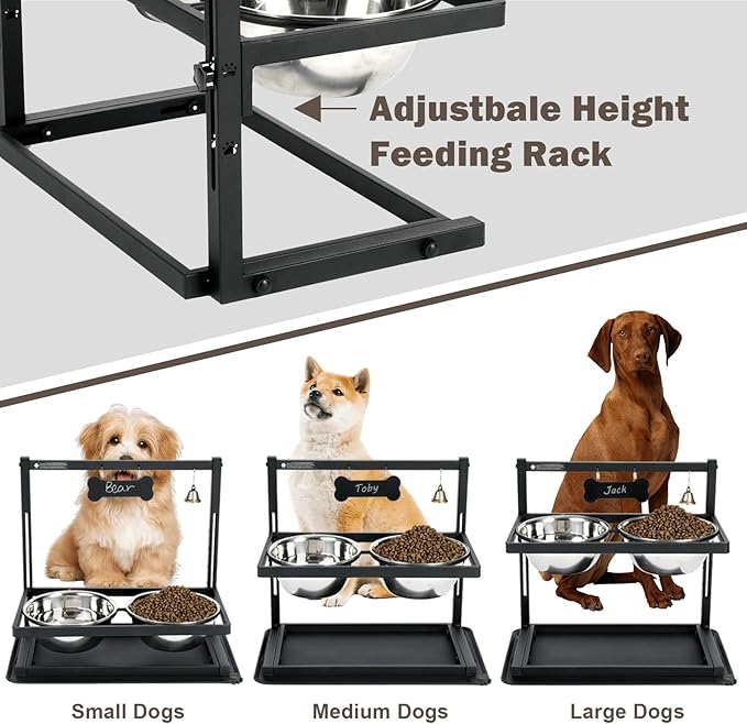 Elevated Dog Bowls with Slow Feeder for Large Dogs – Adjustable Raised Stand with 2 Stainless Steel Bowls & Spill-Proof Mat, Non-Slip Dog Feeder for Large & Medium Dogs (Black)-PurrikoPets