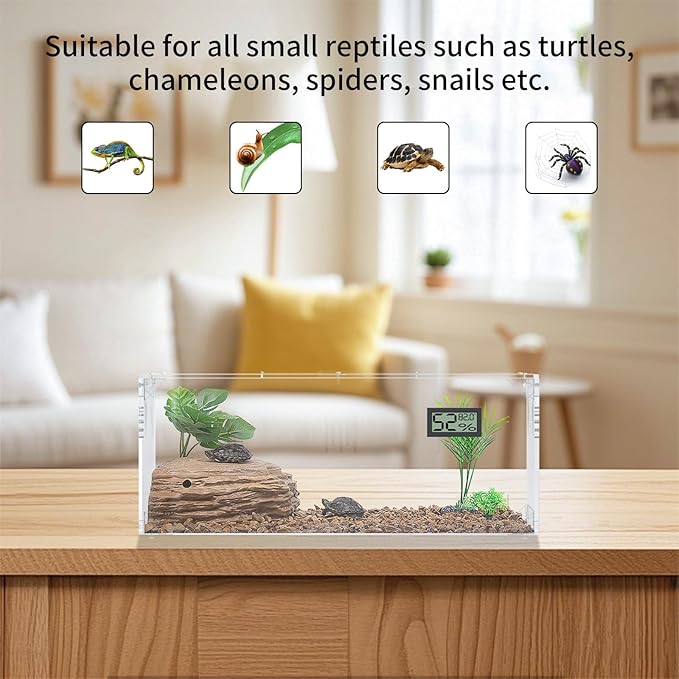 Acrylic Tarantula Enclosure, Reptile Terrarium Breeding Tank w/Temperature Hygrometer,Habitat Reptiles Feeding Box Isopod Terrarium Cage for Insect Lizard Home Office (Reptile-Tank-S(No Tray))-PurrikoPets