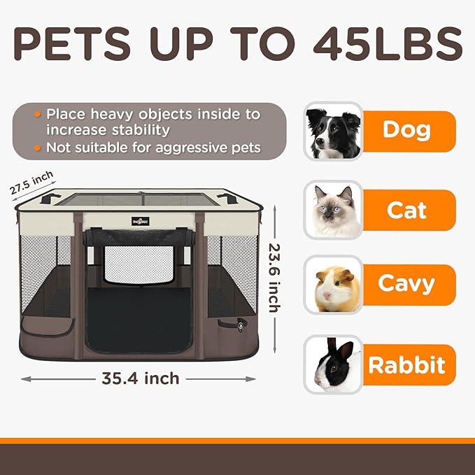 Foldable Pet Kitten Playpen, Upgrade Waterproof Portable Cat Dog Playpen Kennel Tent for Small Dog Cat, Removable Shade Cover, Come with Free Carrying Case, Indoor Outdoor Use for Small Pet, Brown-PurrikoPets