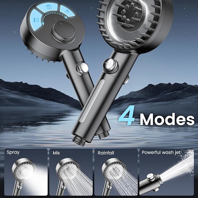 Filtered Shower Head with Handheld, High Pressure 4 Spray Mode Showerhead with Filters, Water Softener Filter Beads for Hard Water with ON/OFF Switch for Pets - Remove Chlorine (Gray)-PurrikoPets