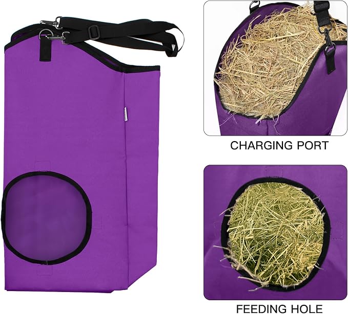 3 Packs Goat Hay Feeder,Hay Bags for Goats,Horses,Sheep,Premium 600D Oxford Cloth,with Metal Fastener and Adjustable Open Feed Hole for Slow Feeding. (2Purple + 1Black)-PurrikoPets