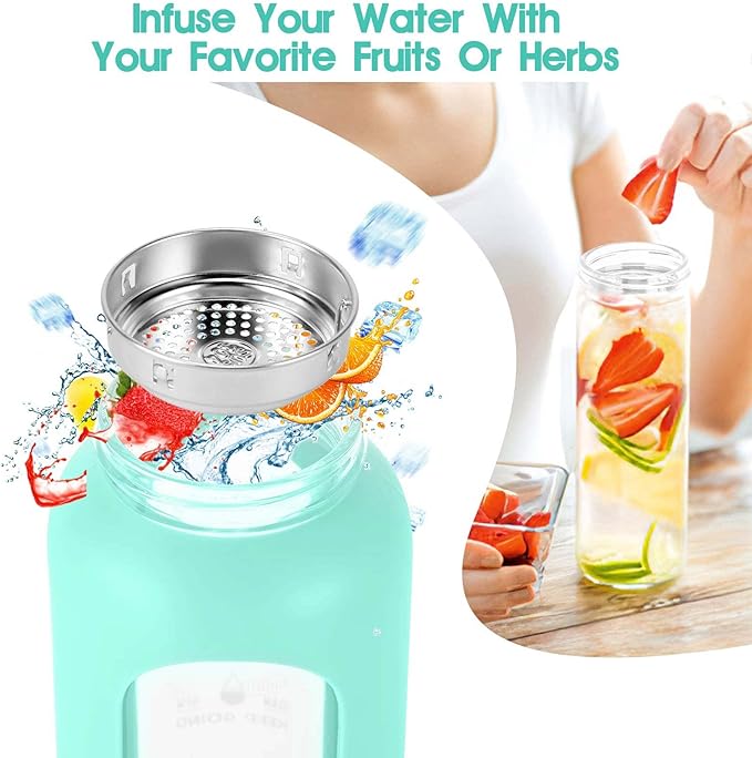 32 oz Glass Water Bottle with Straw - Motivational Time Marker & Silicone Sleeve - Reusable Tumbler Includes 2 Bamboo Lids & Fruit Infuser - 1 Pack-PurrikoPets