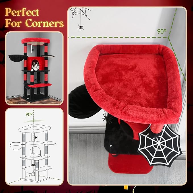 Globlazer Gothic Corner Cat Tree Tower with Scratching Post for Indoor Cats, 51inch Goth Cat Condo Tower with Large Hammock, Fan-Shaped Padded Perch, Spacious Cat Cave, Hanging Basket, C51, Red Black-PurrikoPets