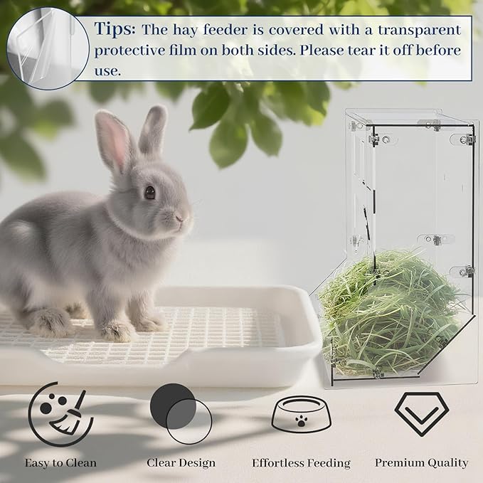 Acrylic Rabbit Hay Feeder with Lid, Transparent Hanging Food Dispenser Hay Feeder for Bunny Rabbits Guinea Pig Cage Chinchillas Hamsters Small Pets and Animals（Large-PurrikoPets