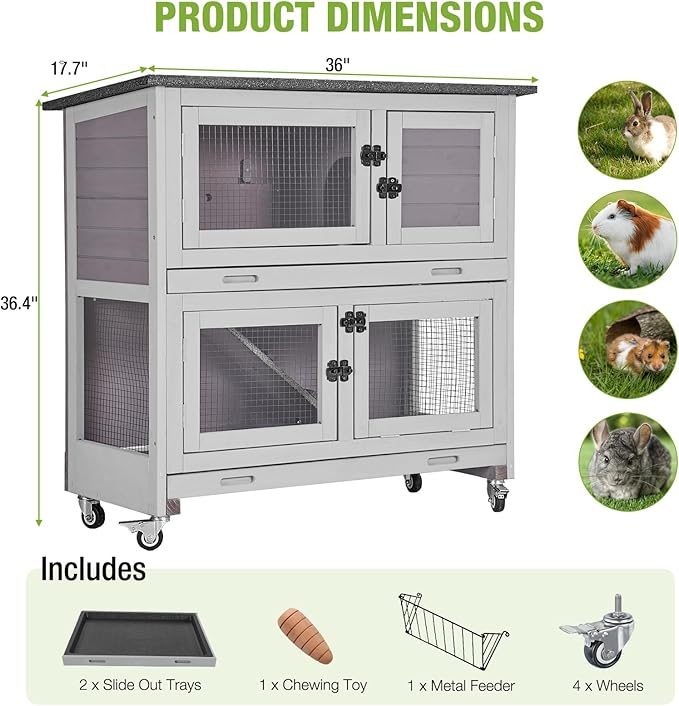 2 Story Rabbit Hutch Indoor Outdoor Rabbit Bunny House Guinea Pig Cage Wooden Pet House for Small Animals with 2 Large Rooms, Chewproof Ramp, Ventilation Door, Removable Trays (Grey)-PurrikoPets