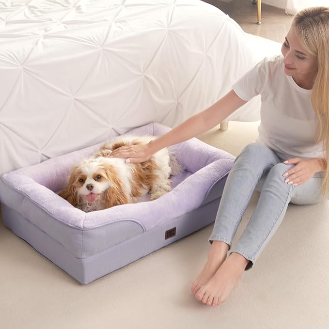 EHEYCIGA Memory Foam Dog Bed for Large Sized, Orthopedic Dog Sofa with Sides and Waterproof Liner, Washable Bolster Pet Couch with Removable Cover, 36x27x7 Inch, Purple-PurrikoPets