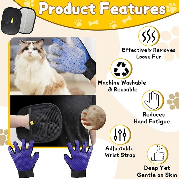 8 Pcs Pet Grooming Gloves for Shedding – 6x Reusable Cat & Dog Hair Removal Gloves+ 1 Pair 2-in-1 Deshedding Brush & Massage Mitt – Safe for Dogs & Cats, Efficient (Blue)-PurrikoPets