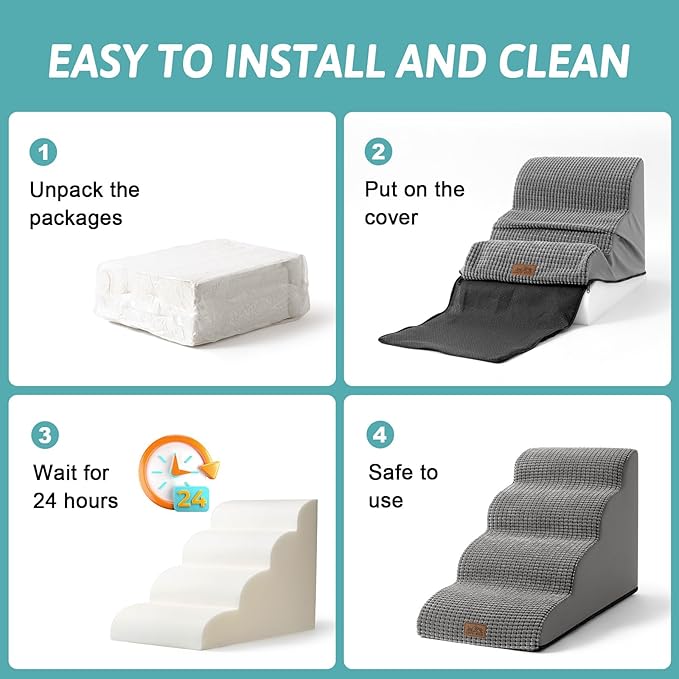 Dog Stairs for Small Dogs 15.7" H, Curved Dog Step for Puppy, Older Cat, Medium Pet Ramp for Sofa, Couch or Chair, Ladder with High Density Foam, 15.7x22.4x15.7 inch, 3 Step, Light Grey-PurrikoPets