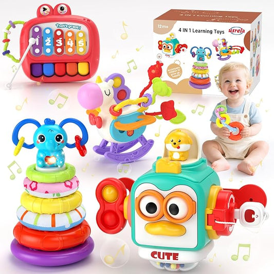 4 in 1 Baby Toy for 6 9 12 18 Month, Learning Toys for Babies 6-12 Months, Baby Busy Cube, Stacking Sorter, Pull String & Piano Xylophone Travel Toy, Birthday Gift for 1 2 Year Old-PurrikoPets