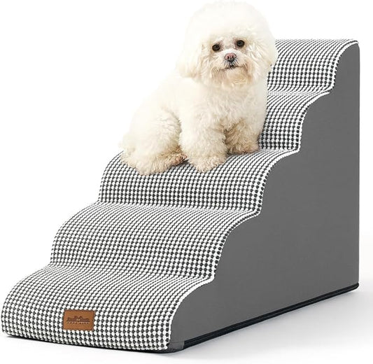 Dog Stairs for High Bed 22.6" H, Small Dog Step for Puppy, Older or Cat, Curved Ramp for Car, Ladder with High Density Foam, Lightweight, Durable, 15.7x33x22.6 inch, 5 Step, White Black-PurrikoPets