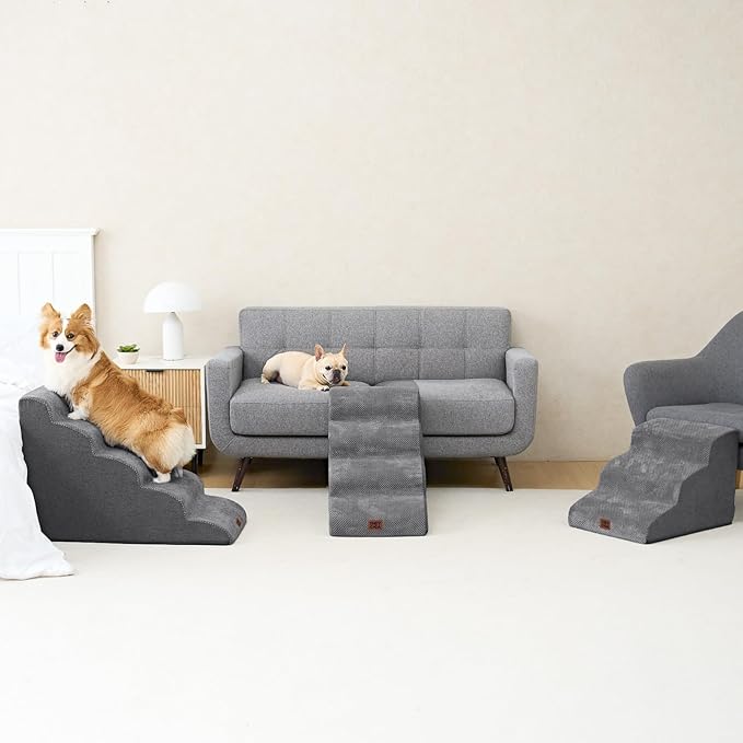 EHEYCIGA Curved Dog Stairs Ramp for High Beds 19.7" H, 4-Step Dog Steps for Small Dogs and Cats, Pet Stairs for High Bed Climbing, Non-Slip Balanced Pet Step Indoor, Grey-PurrikoPets