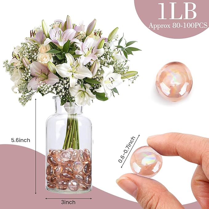 FUTUREPLUSX 1LB Pink Flat Glass Marbles, Vase Fillers Gems Fish Bowl Marbles Decorative Glass Pebbles for Vases Aquarium Floral Smooth Stone-PurrikoPets