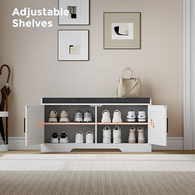 2-Tier Storage Bench, Shoe Bench with Thickened Padded Seat Cushion, Entryway Bench with 2 Doors, Adjustable Shelf, 13.8" D x 37.4" W x 18.5" H, for Entryway, Living Room, Bedroom, White-PurrikoPets
