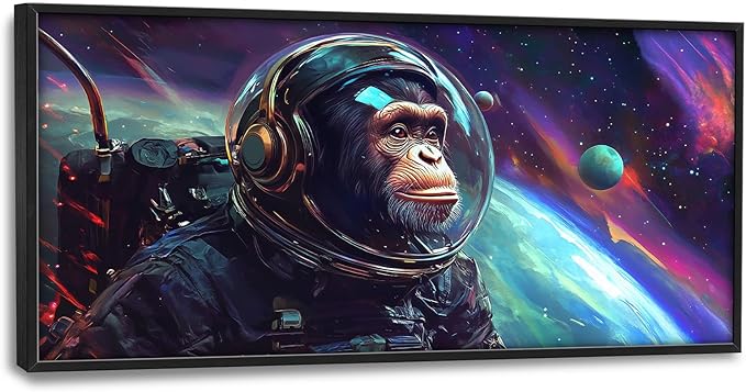Framed Large Monkey Astronaut Wall Art, Oversized Chimpanzee Spacemen Wall Decor for Living Room, Outer Space Canvas Painting Pictures Modern Artwork for Living Room Bedroom Office 60"x30"-PurrikoPets